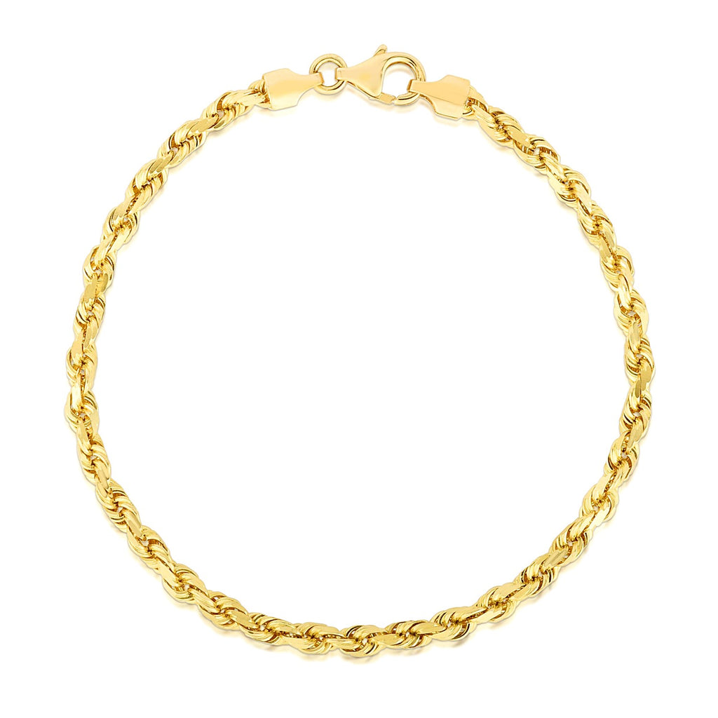 Diamond-cut rope bracelet in 14K yellow gold, 4.00mm, closed in a round with lobster clasp and end caps
