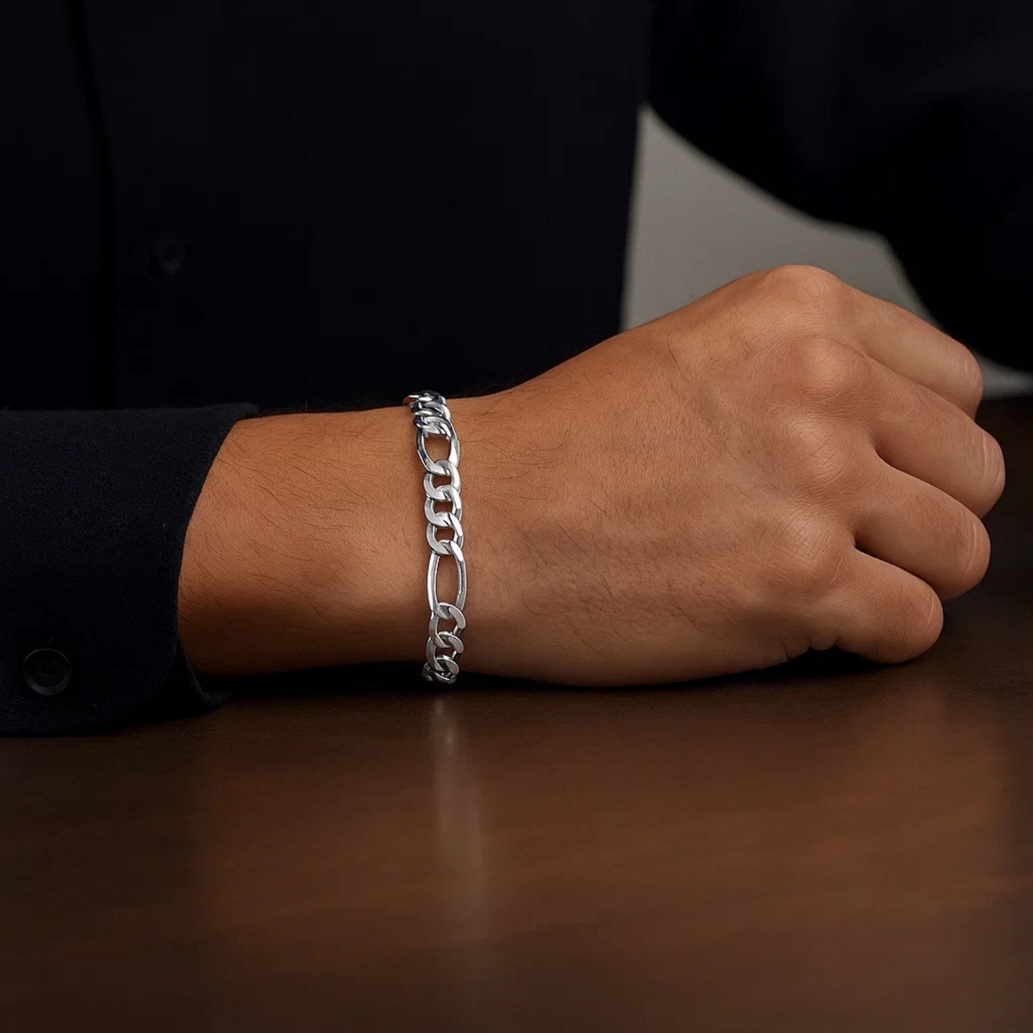 14k White Gold Solid Figaro Bracelet (6.00 mm)