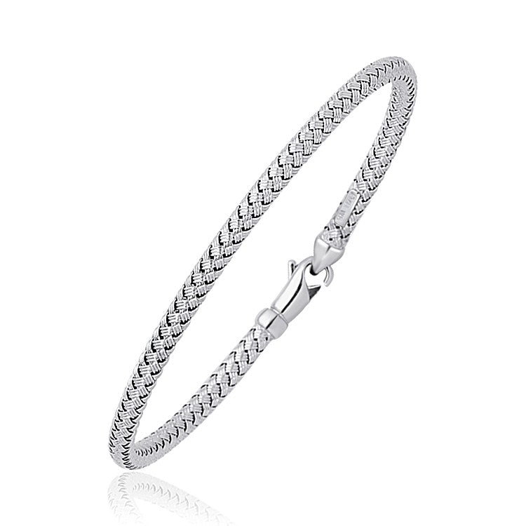 Front view of 14K white gold fancy weave bangle bracelet, 3mm