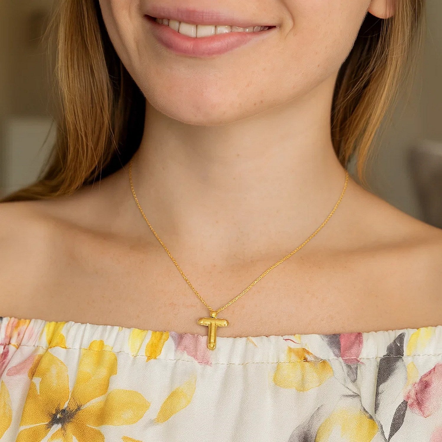 14K Yellow Gold Helium Initial T Pendant