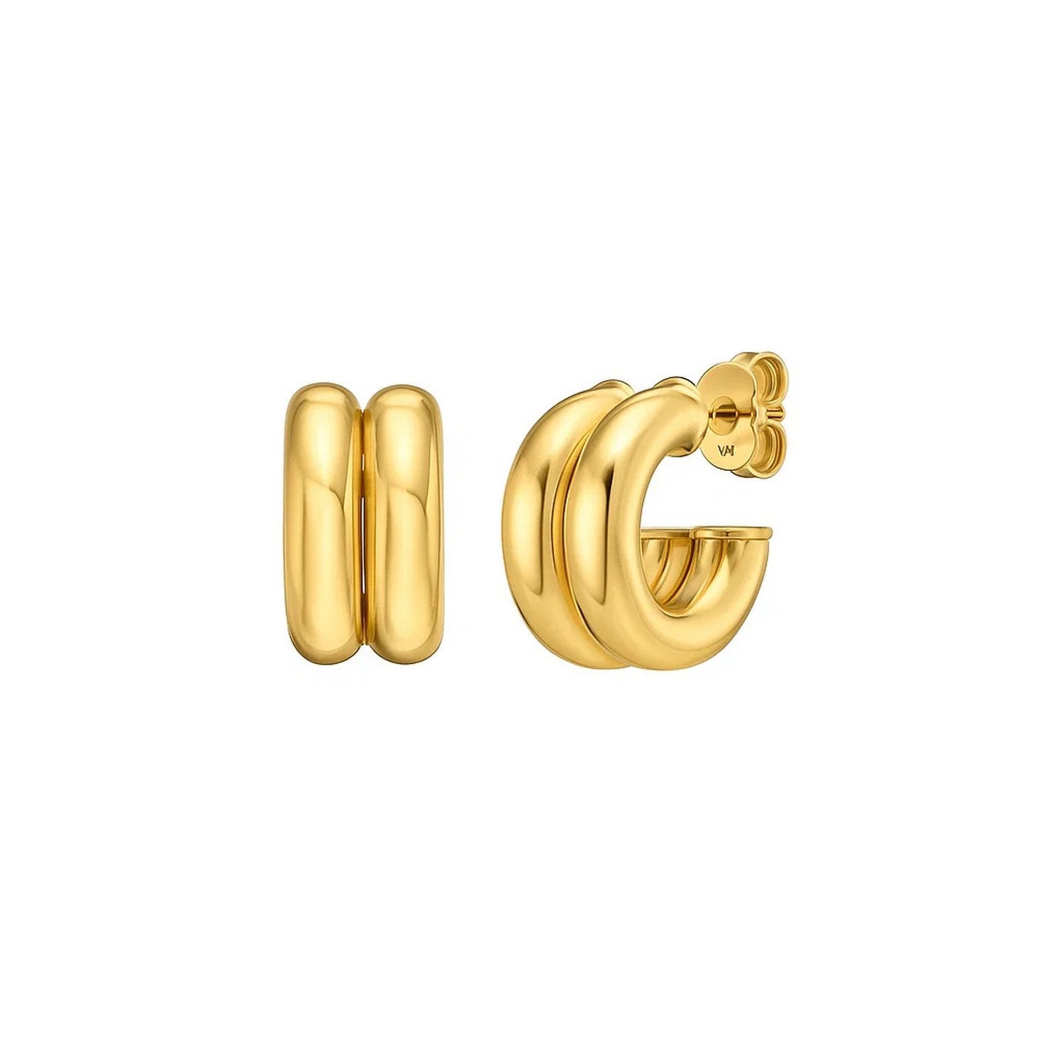 14K Yellow Gold Puffed Double Row C Hoop Earrings