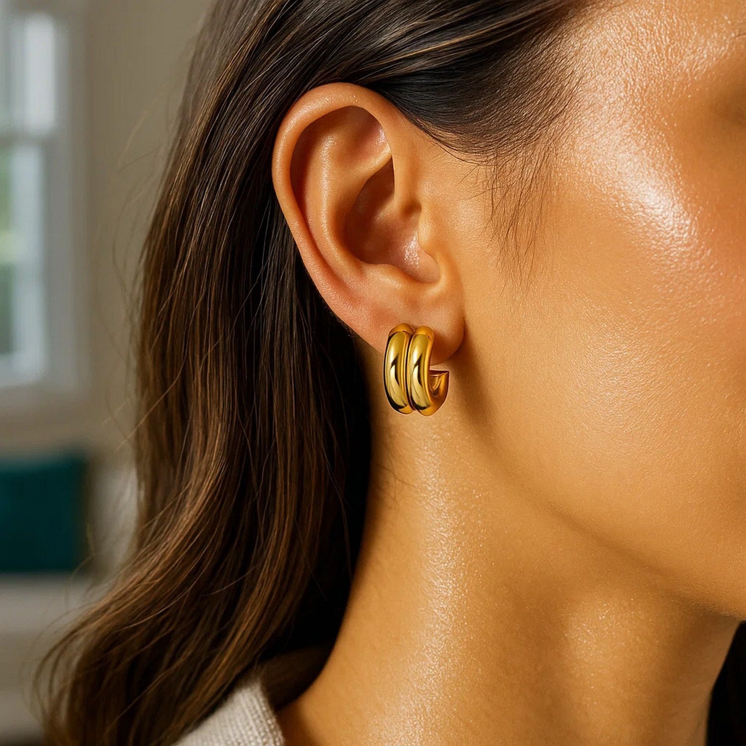 14K Yellow Gold Puffed Double Row C Hoop Earrings