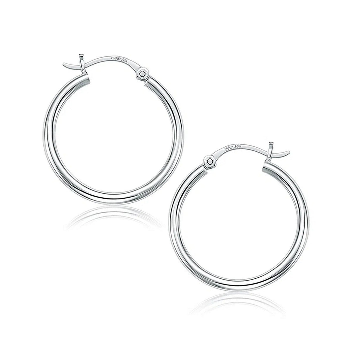 Polished 25mm hoop earrings in 14K white gold, front view of the pair