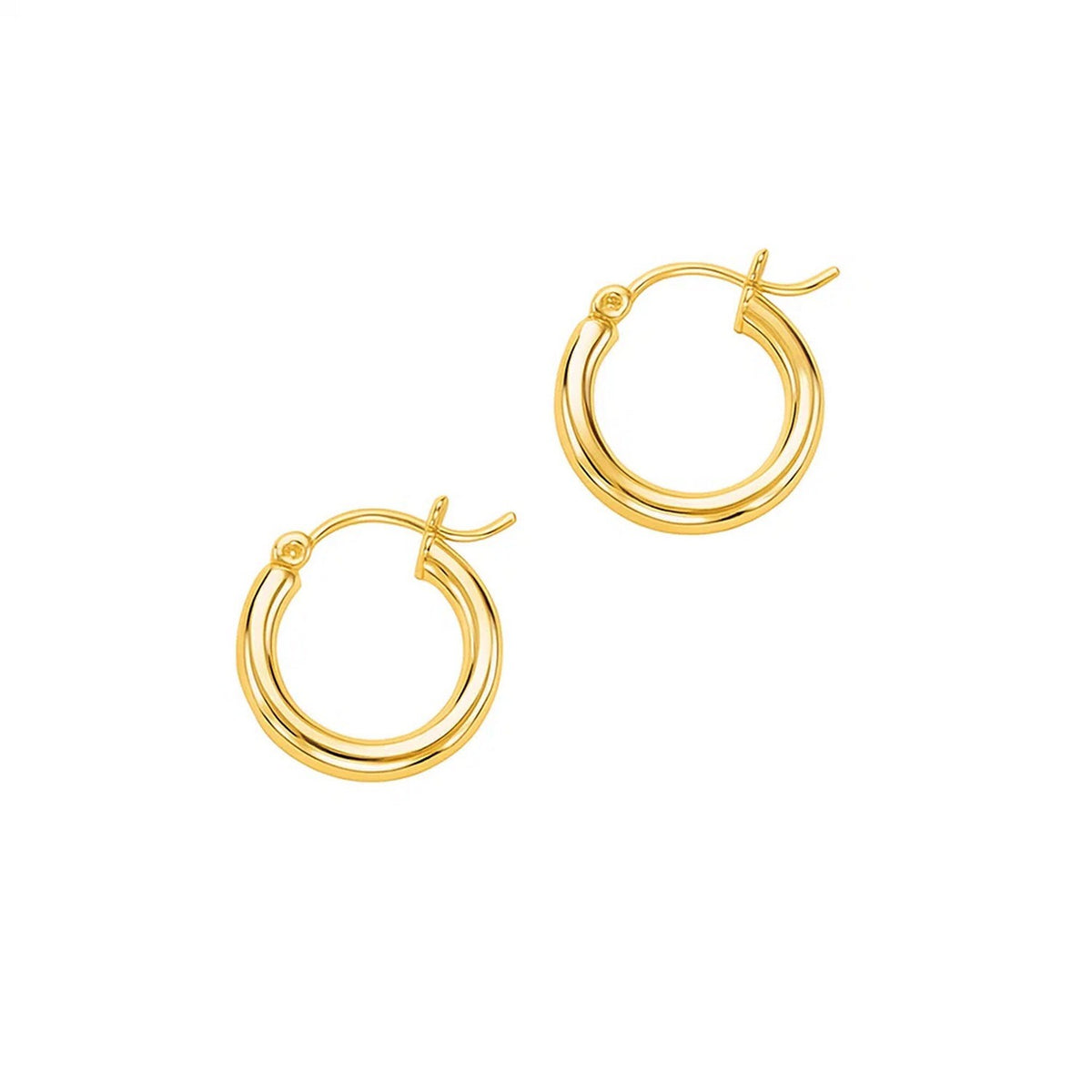 Polished 15mm hoop earrings in 14K yellow gold, 3mm wide, front view of the pair
