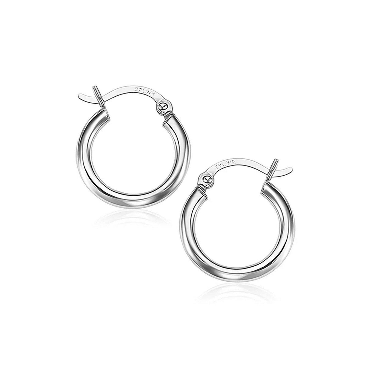 Polished 15mm hoop earrings in 14K white gold, front view of the pair