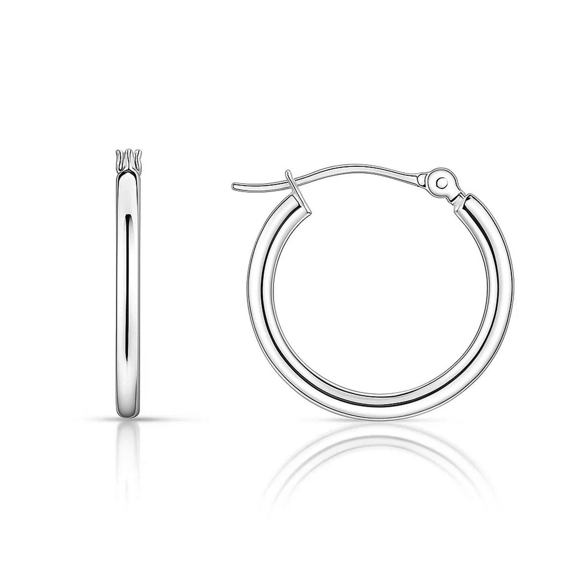 15mm 14K white gold hoops, side and front view