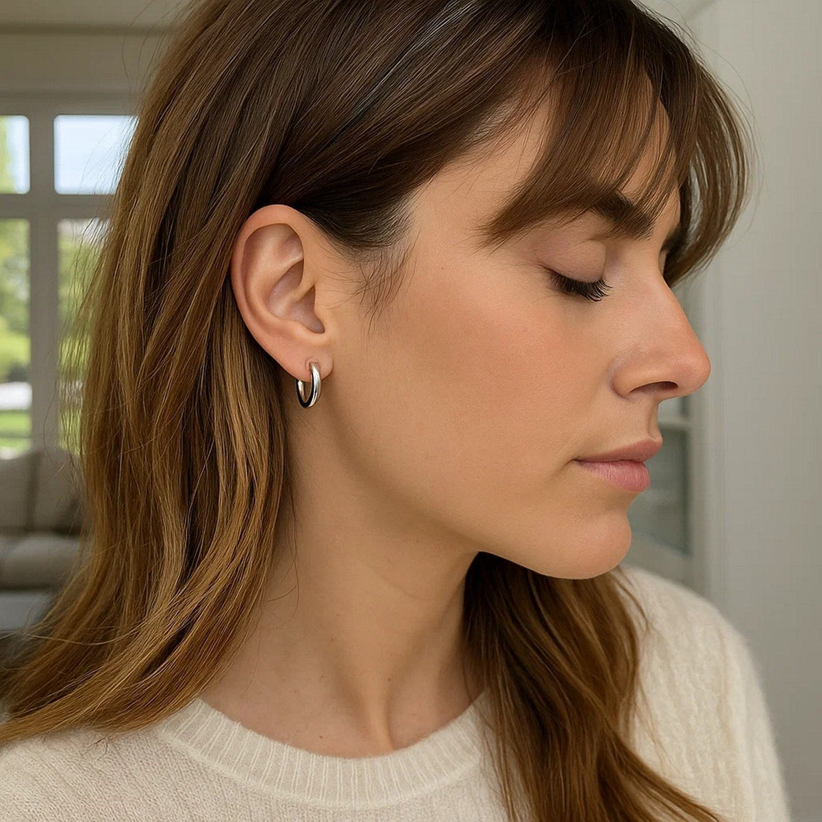 15mm 14K white gold hoop worn