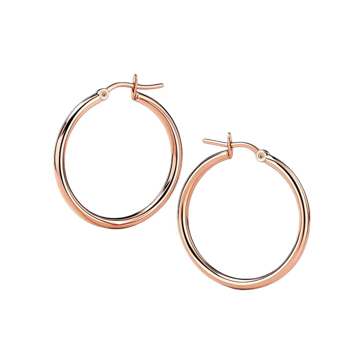 Polished 25mm hoop earrings in 14K rose gold, front view of the pair