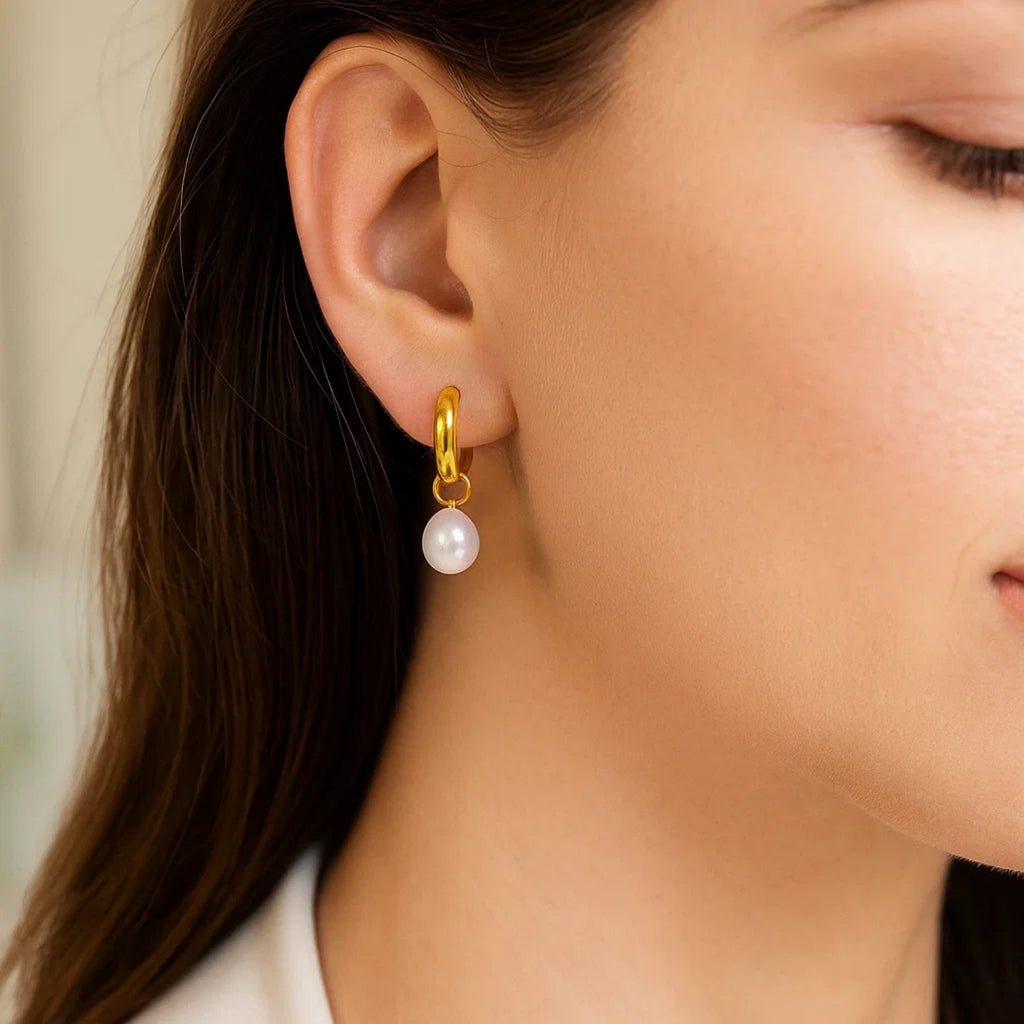 Small Hoop Earrings Pearls | 14K Gold