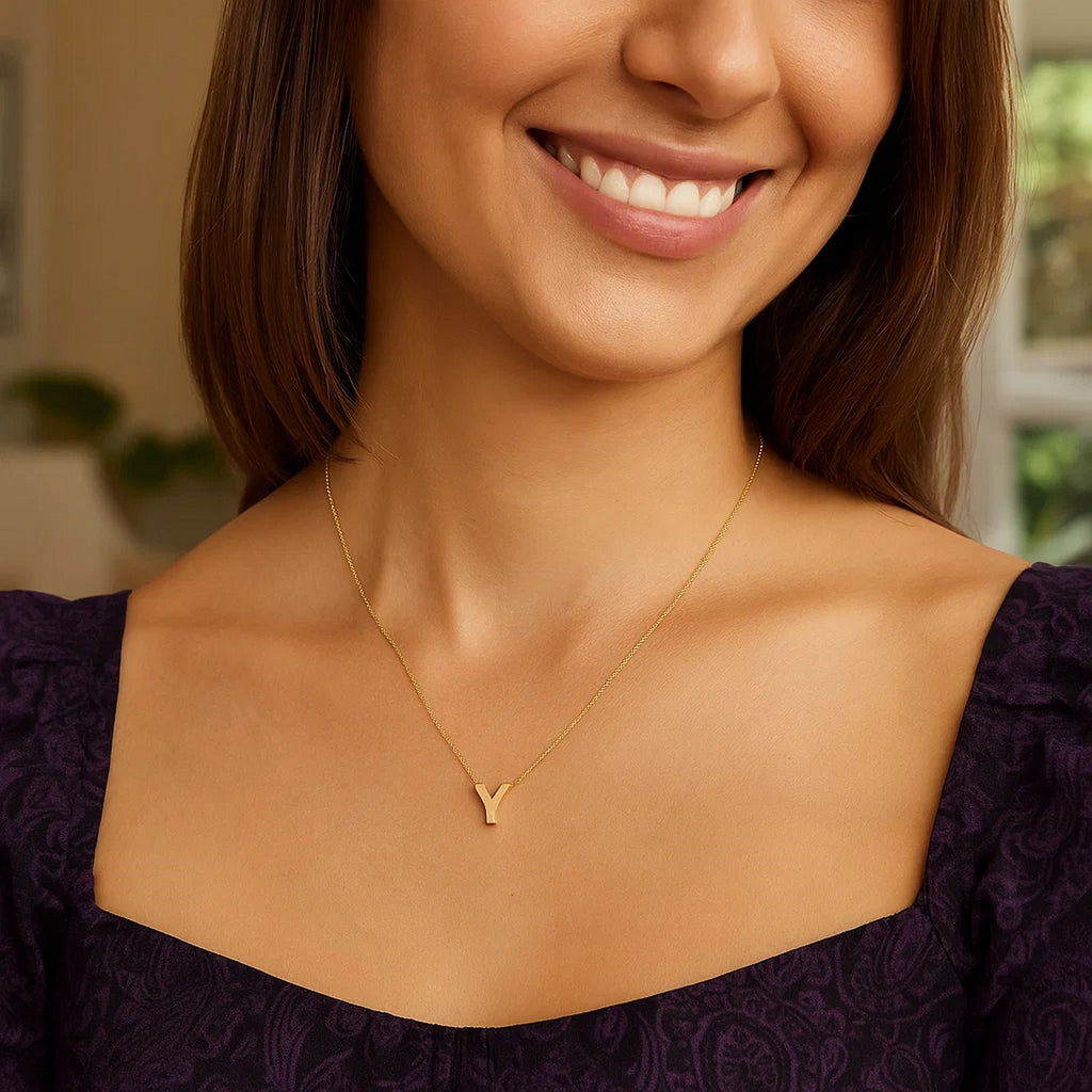 14K Yellow Gold Yours Truly Block Letter Initial Y Necklace