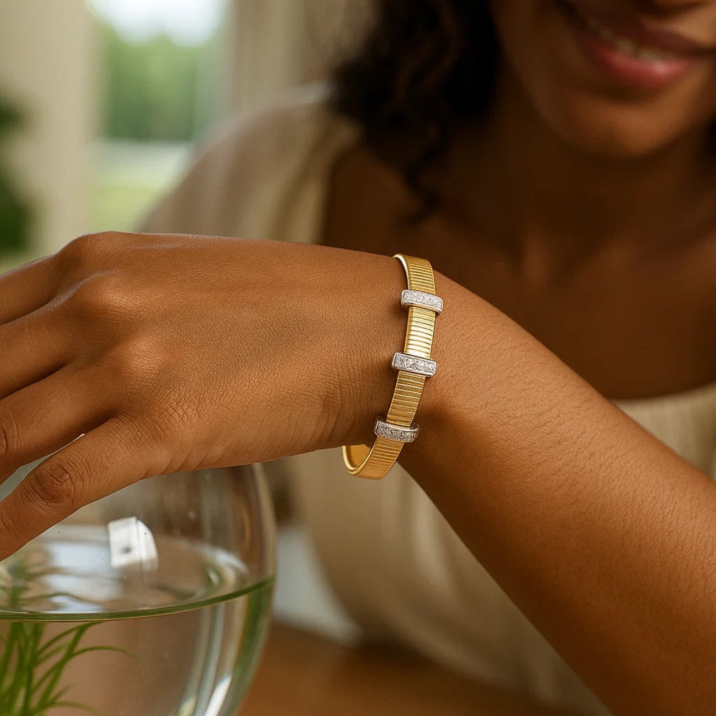 14k Yellow Gold Omega Diamond Station Bangle