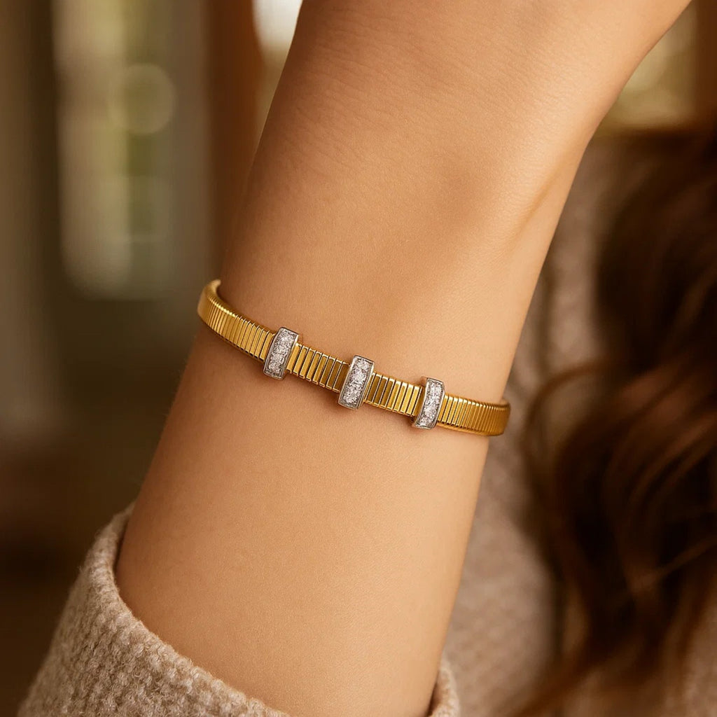 14k Yellow Gold Omega Diamond Station Bangle