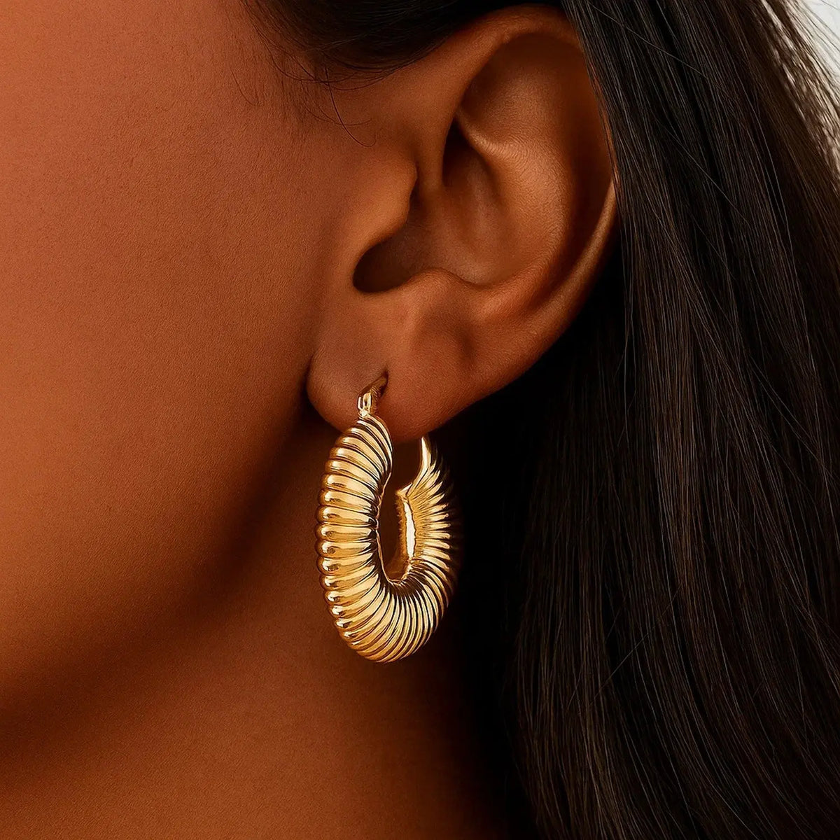 Gold Round Ribbed Hoop Earrings | 14K Gold  Hoop Earrings DEEVE