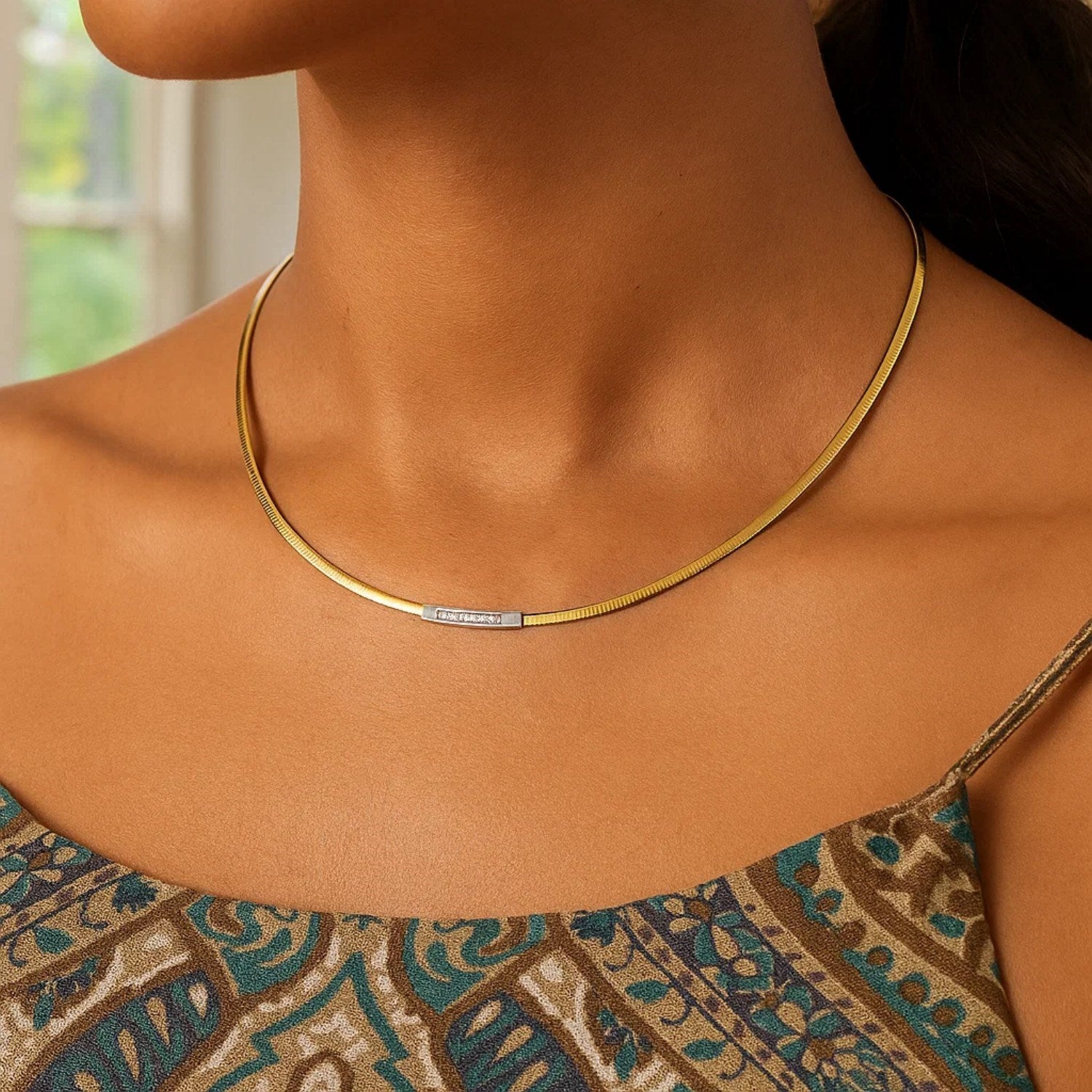 14K Gold Necklace - Omega Diamond Bar