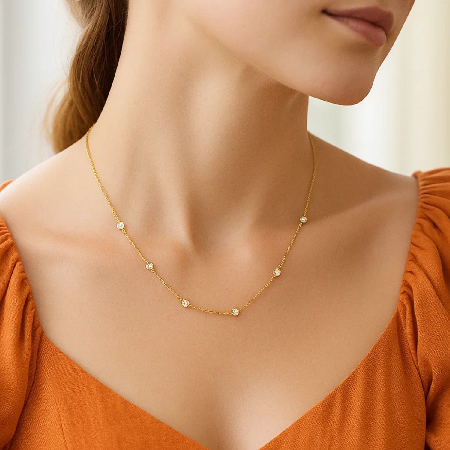 14K Gold Diamond Necklace - Station Design