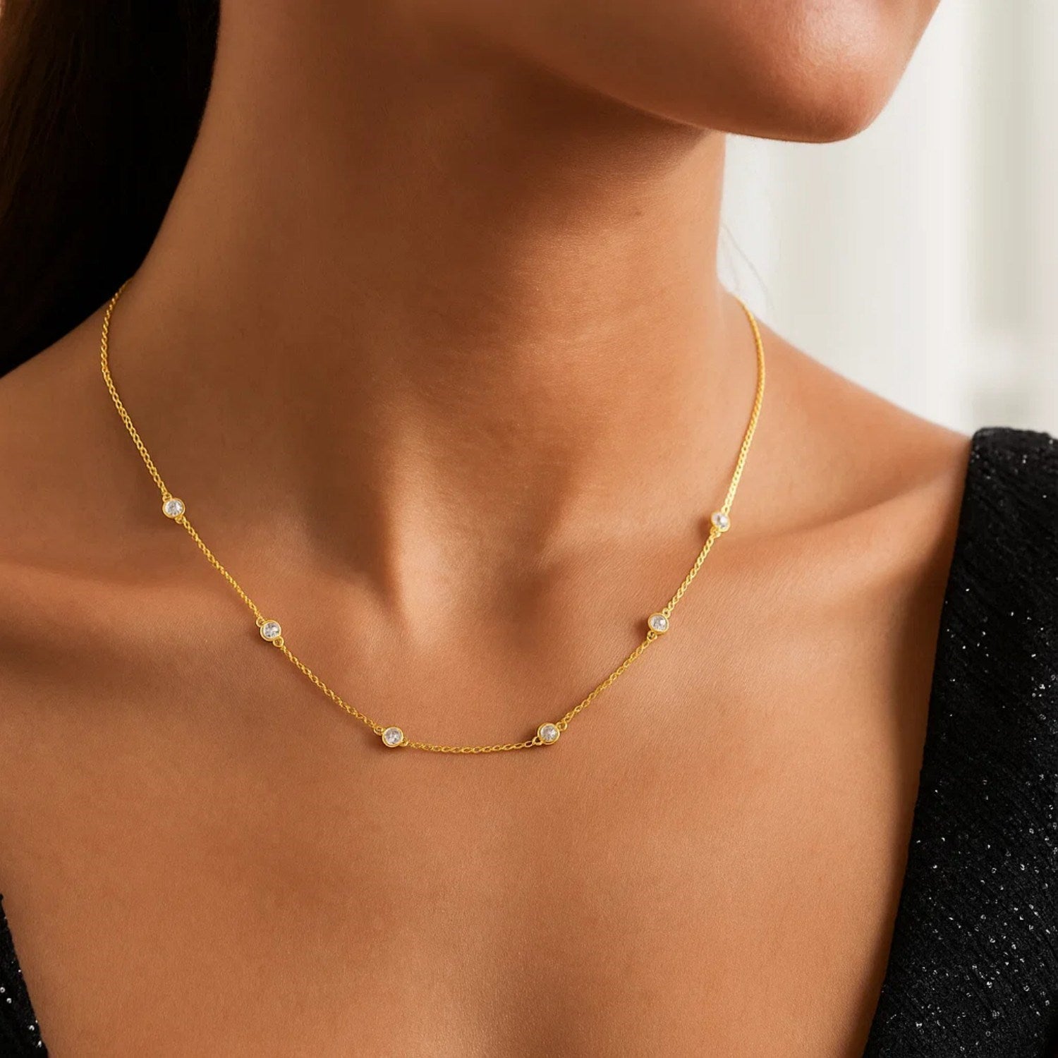 14K Gold Diamond Necklace - Station Design