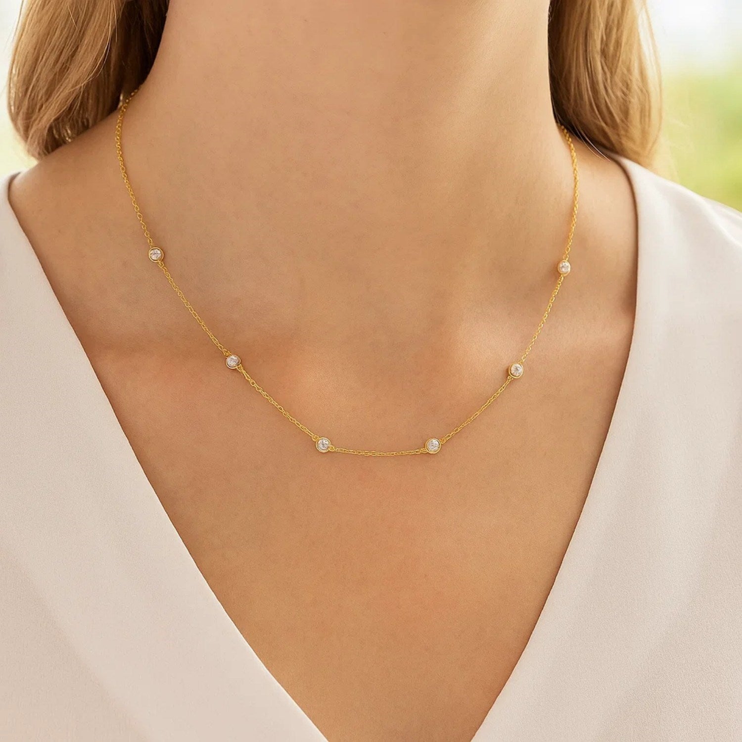 14K Gold Diamond Necklace - Station Design