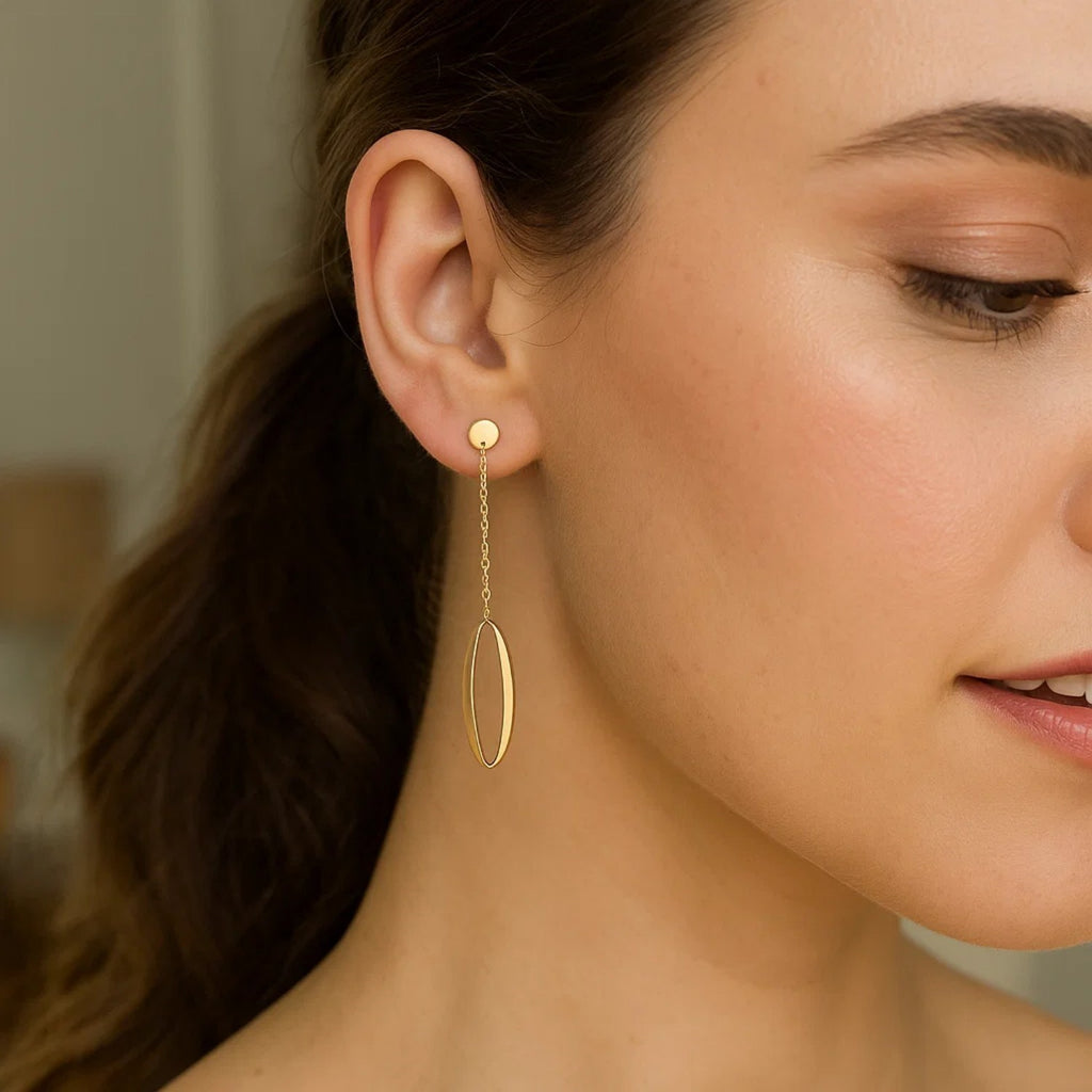 14K Yellow Gold Single Oval Drop Earrings