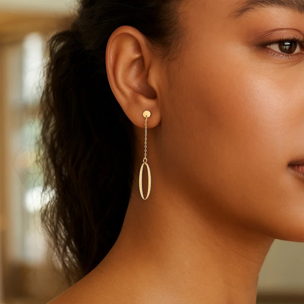 14K Yellow Gold Single Oval Drop Earrings