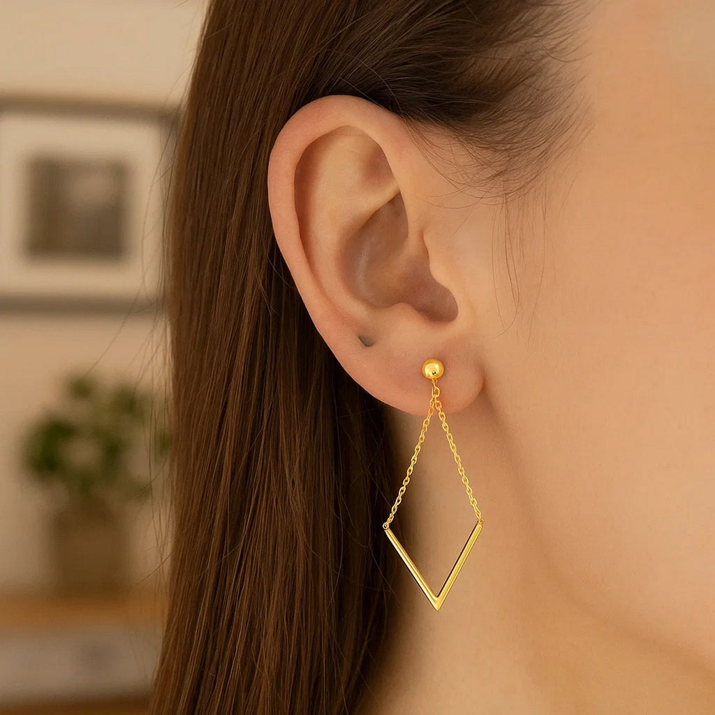 Diamond Shape Chain Drop Earrings | 14K Gold