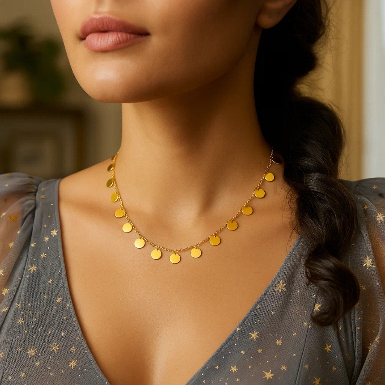 14K Gold Choker Necklace - Polished Disc Accents