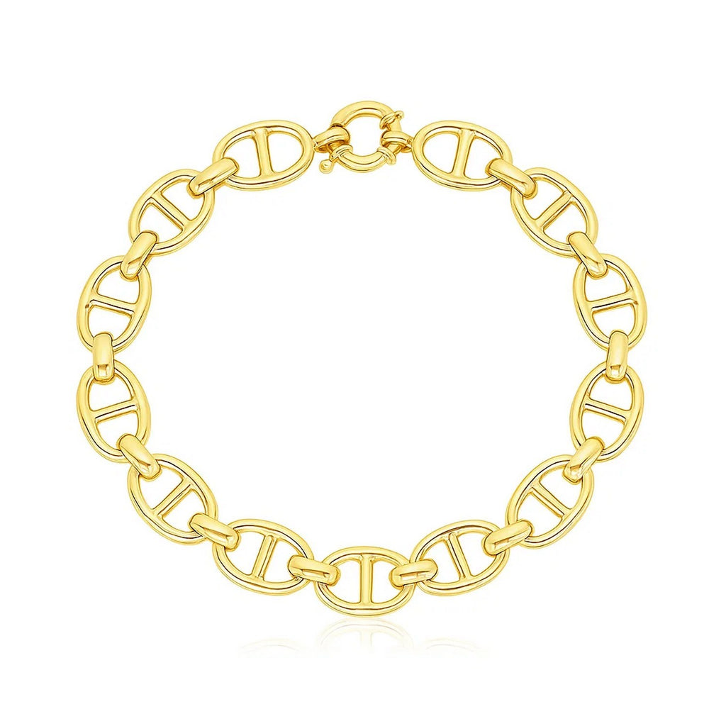 Front view of 14K yellow gold high-polish mariner link bracelet, 8.80mm