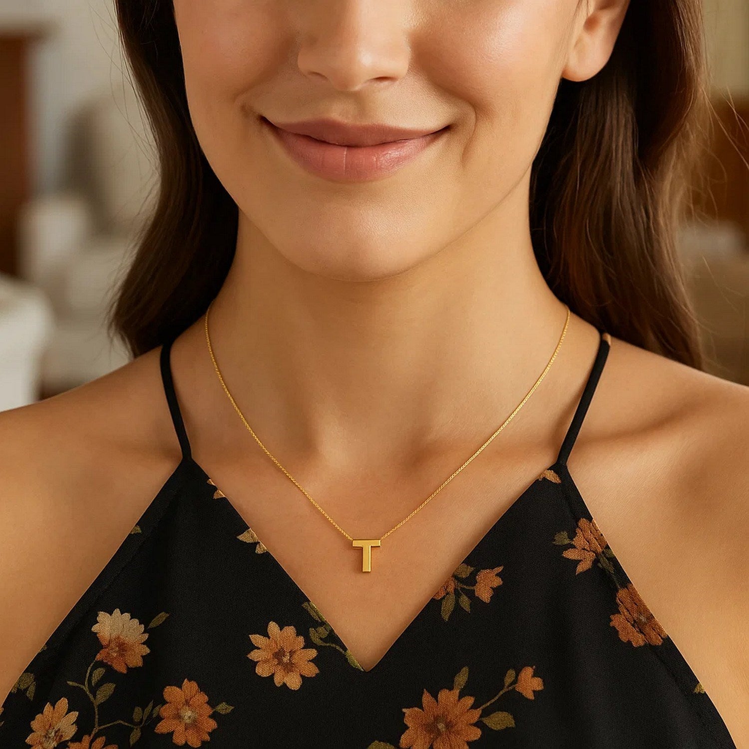 14K Yellow Gold Yours Truly Block Letter Initial T Necklace