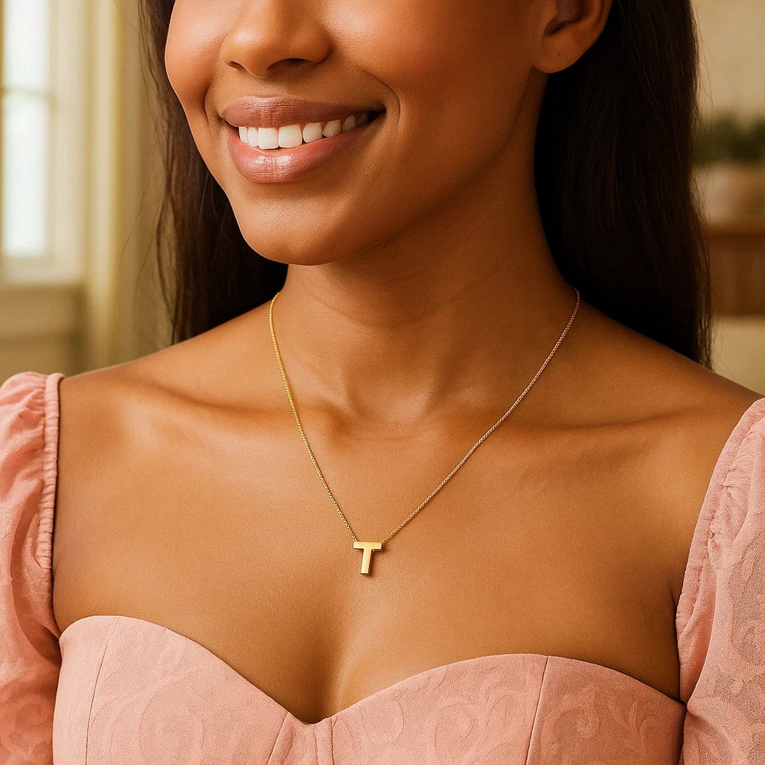 14K Yellow Gold Yours Truly Block Letter Initial T Necklace