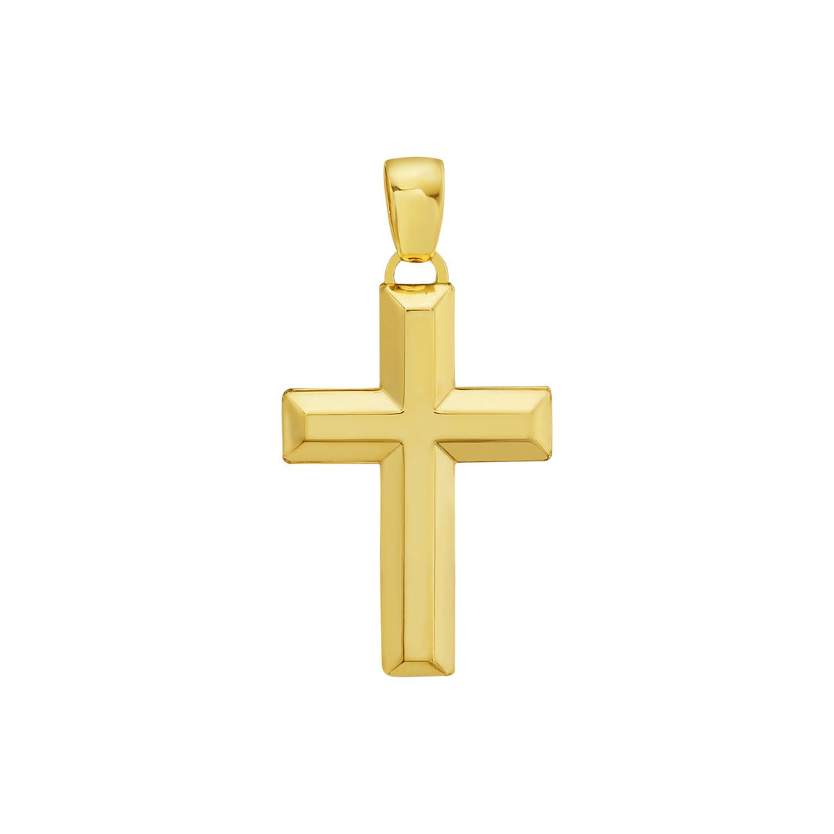Polished beveled cross pendant in 14K yellow gold with its bail on a jump ring, shown without a chain