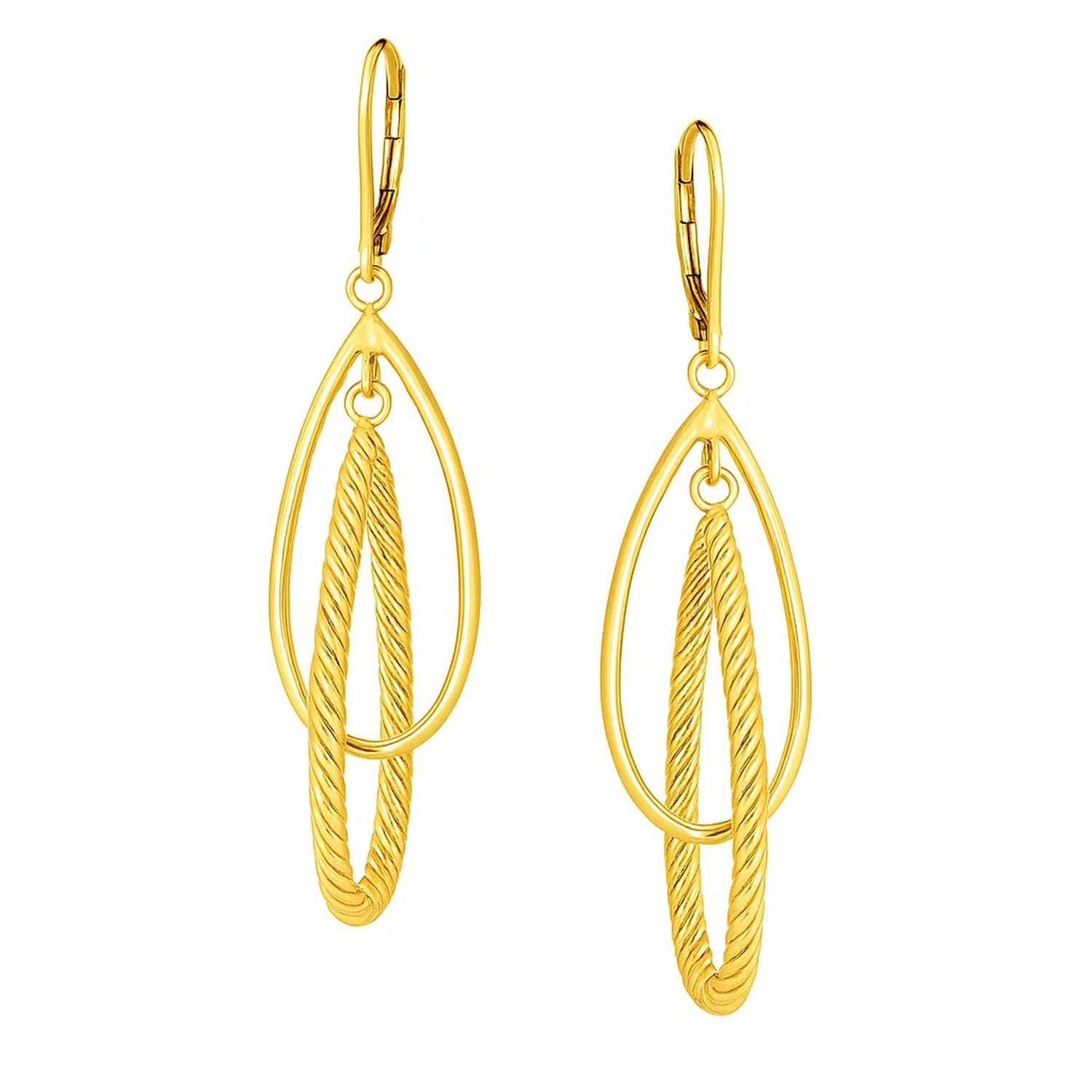 Polished & Rope-Textured Teardrop Dangle Earrings in 14K Yellow Gold
