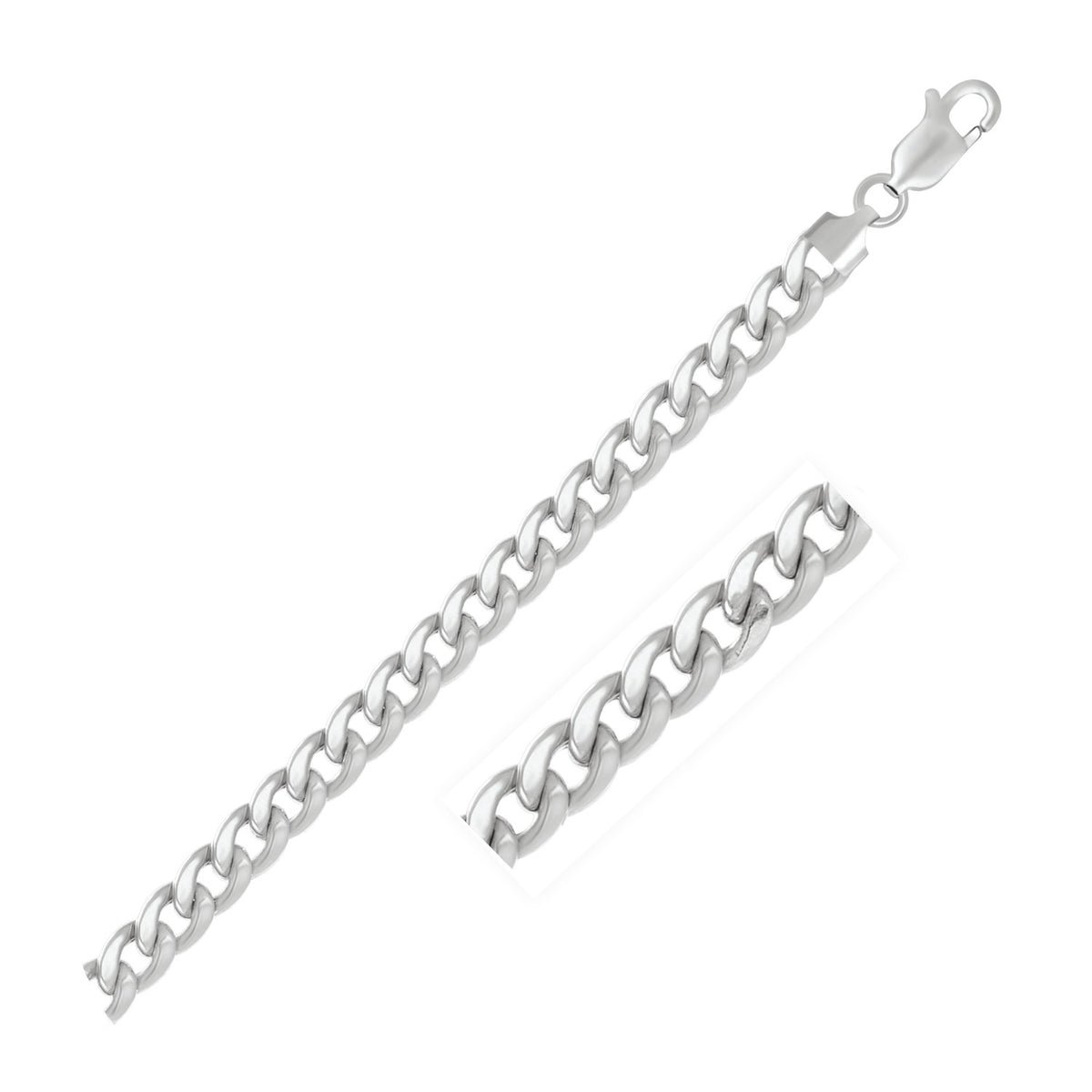 Semi-solid Miami Cuban chain in 14K white gold, 7.00mm, with a close-up of the links