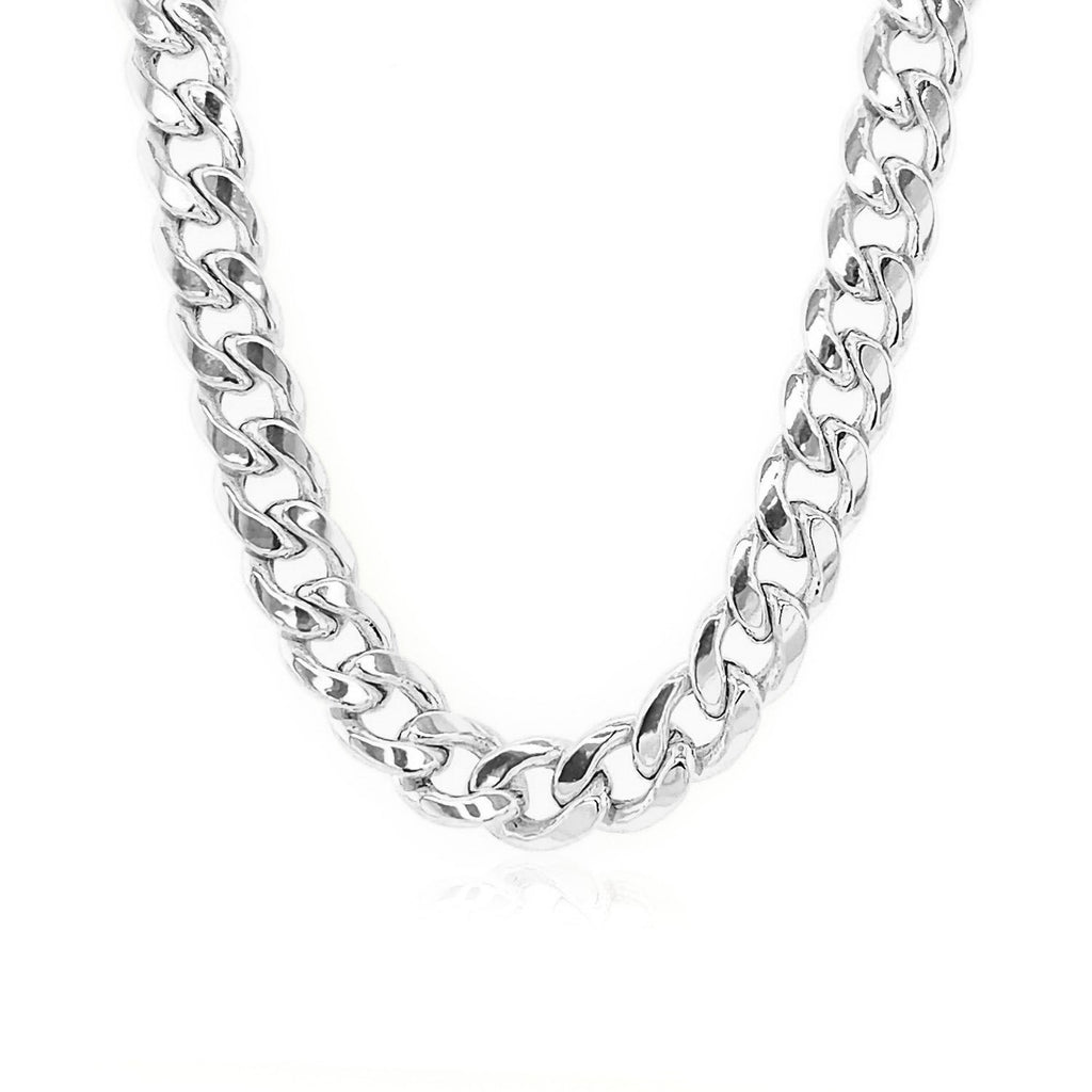 Semi-solid Miami Cuban chain in 14K white gold hanging in a curve