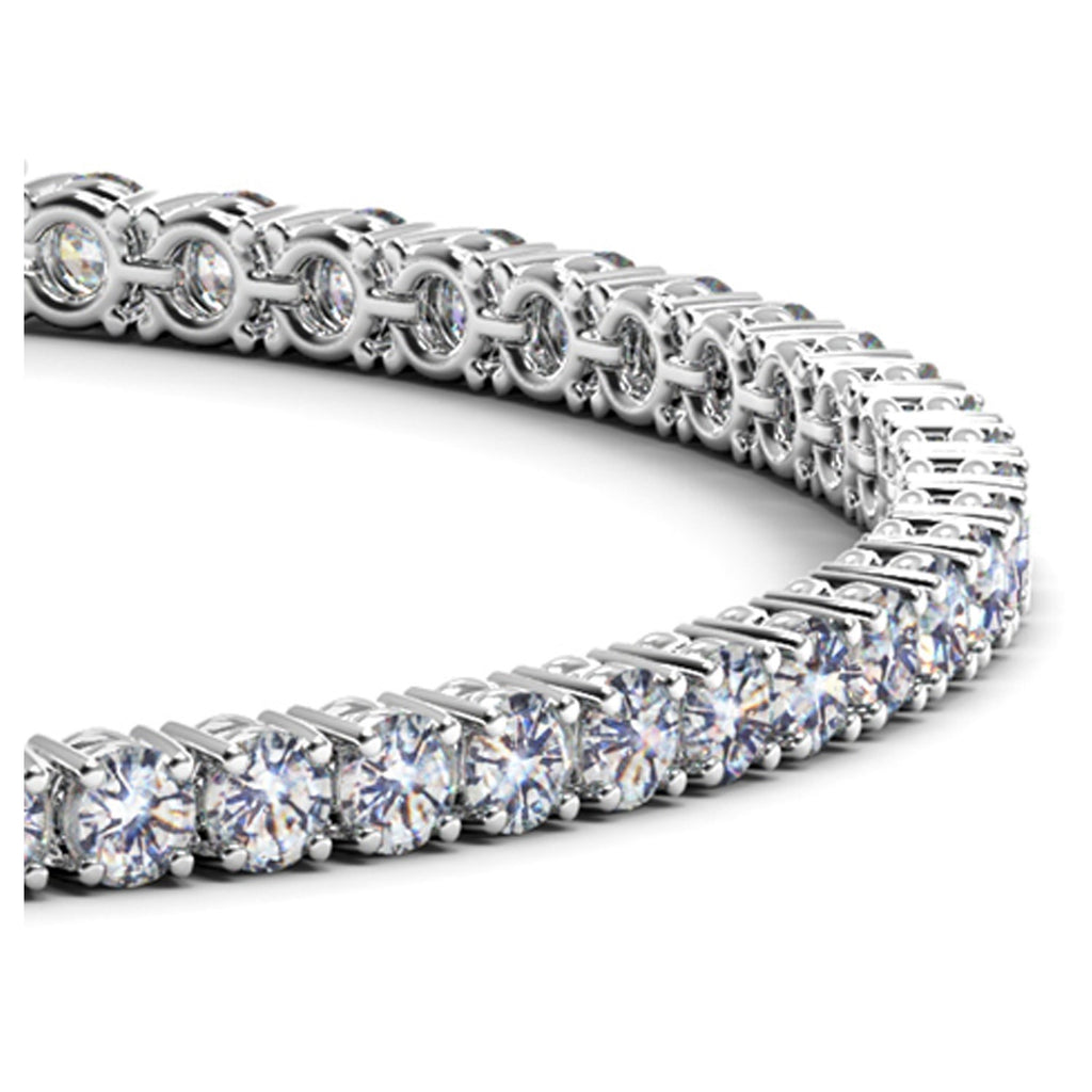 Close-up of the round diamonds on a 5 carat tennis bracelet in 14K white gold