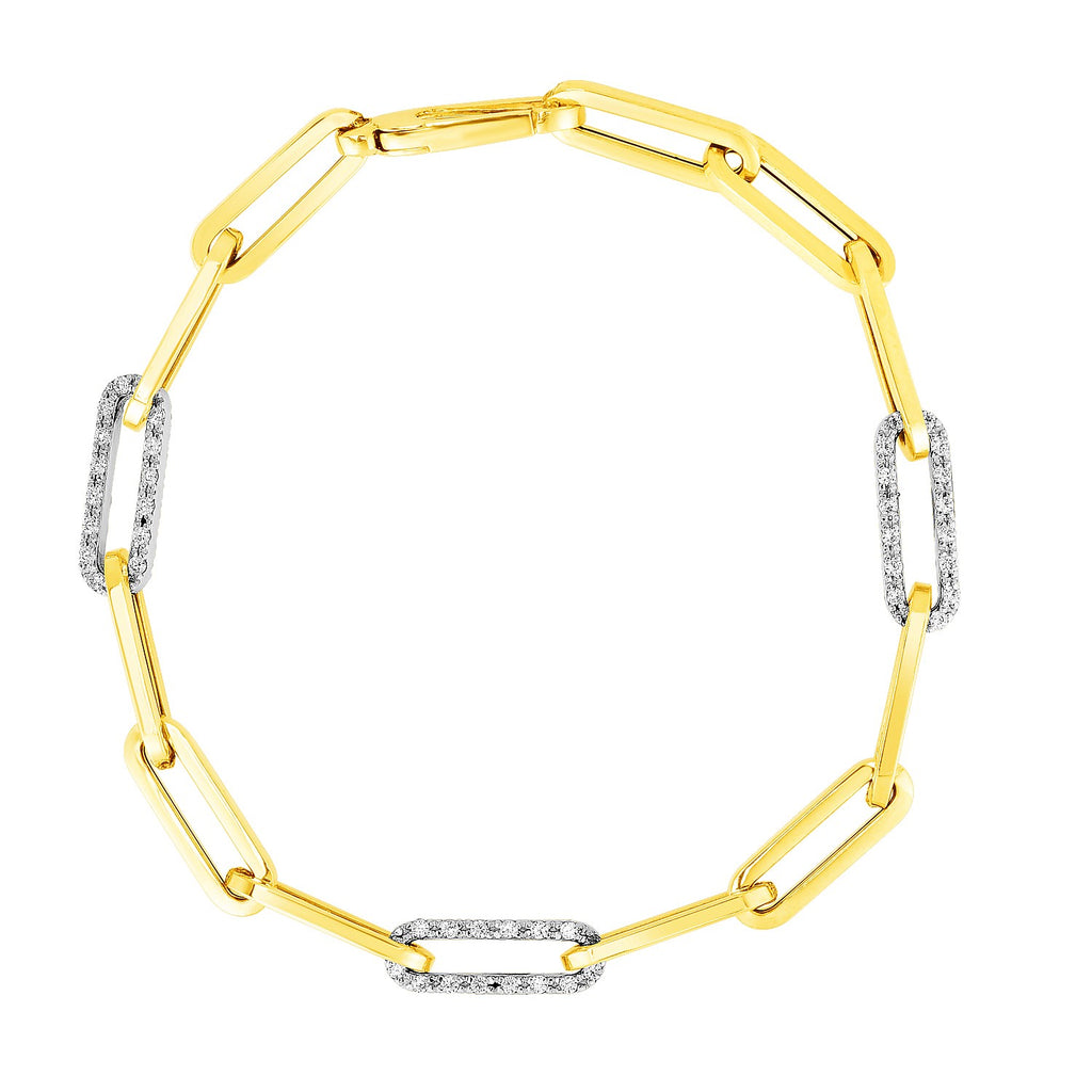 14K Yellow Gold Inch Paperclip Chain Bracelet With Three Diamond Links