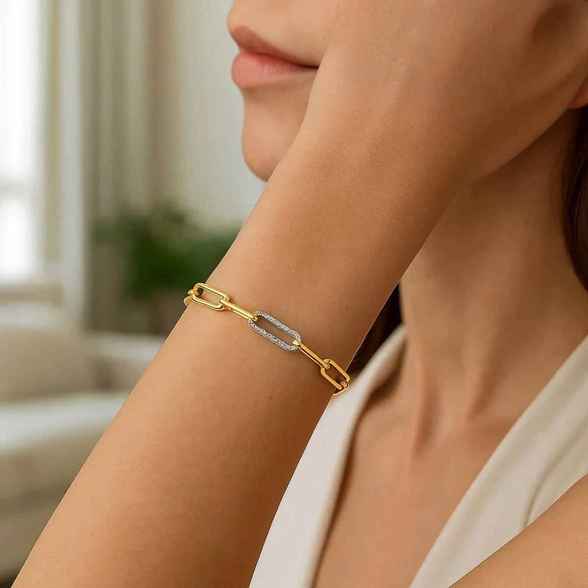 14K Yellow Gold Inch Paperclip Chain Bracelet With Three Diamond Links  Chain Bracelets DEEVE