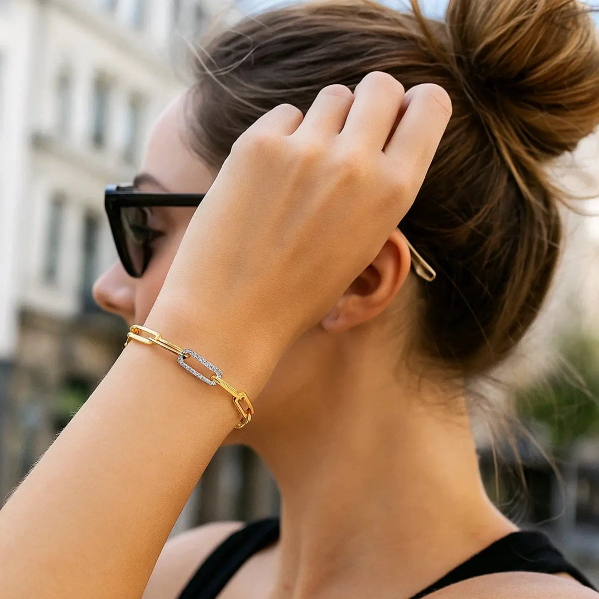 14K Yellow Gold Inch Paperclip Chain Bracelet With Three Diamond Links  Chain Bracelets DEEVE
