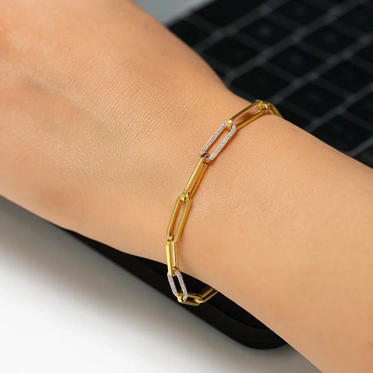 14K Yellow Gold Inch Paperclip Chain Bracelet With Three Diamond Links  Chain Bracelets DEEVE