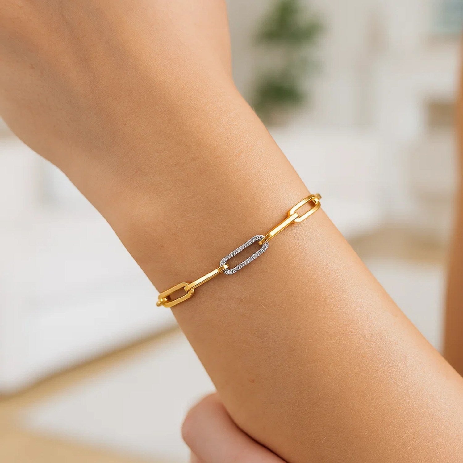 14K Yellow Gold Inch Paperclip Chain Bracelet With Three Diamond Links