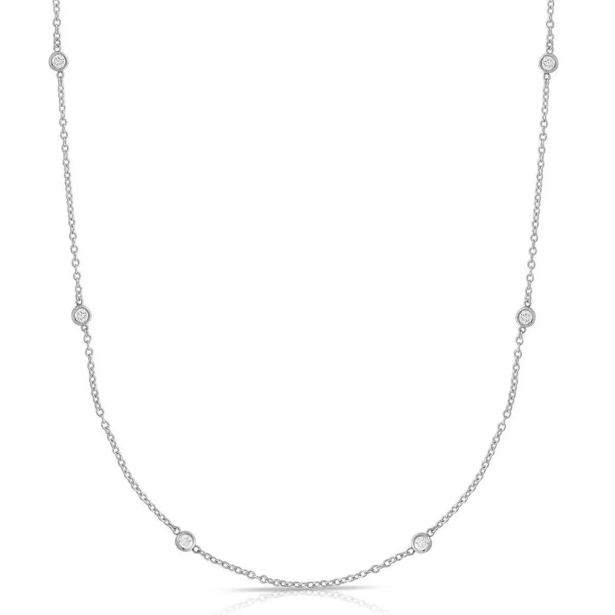14k white gold choker chain station necklace with bezel set diamond stations