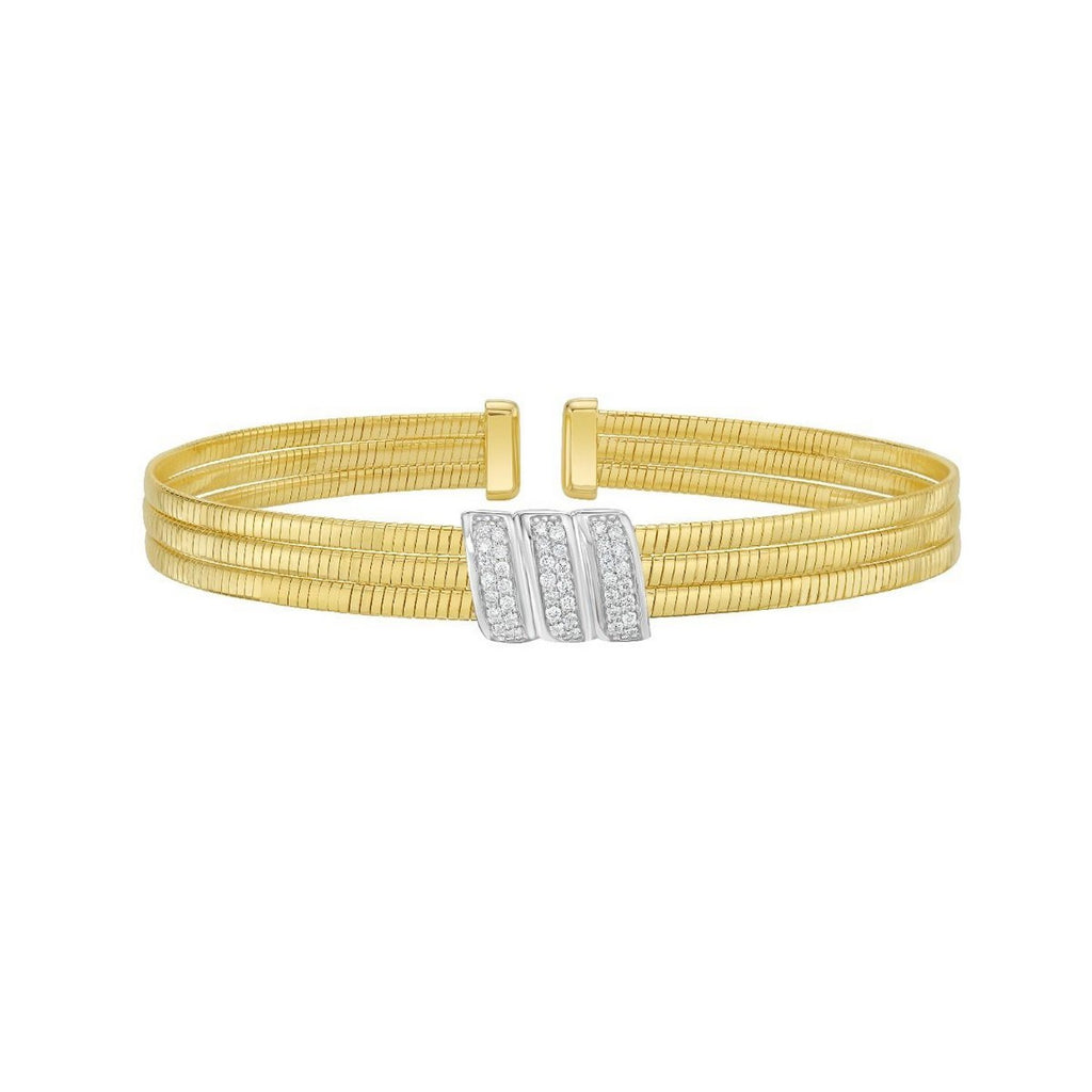 Front view of 14K yellow gold triple row diamond omega cuff bangle