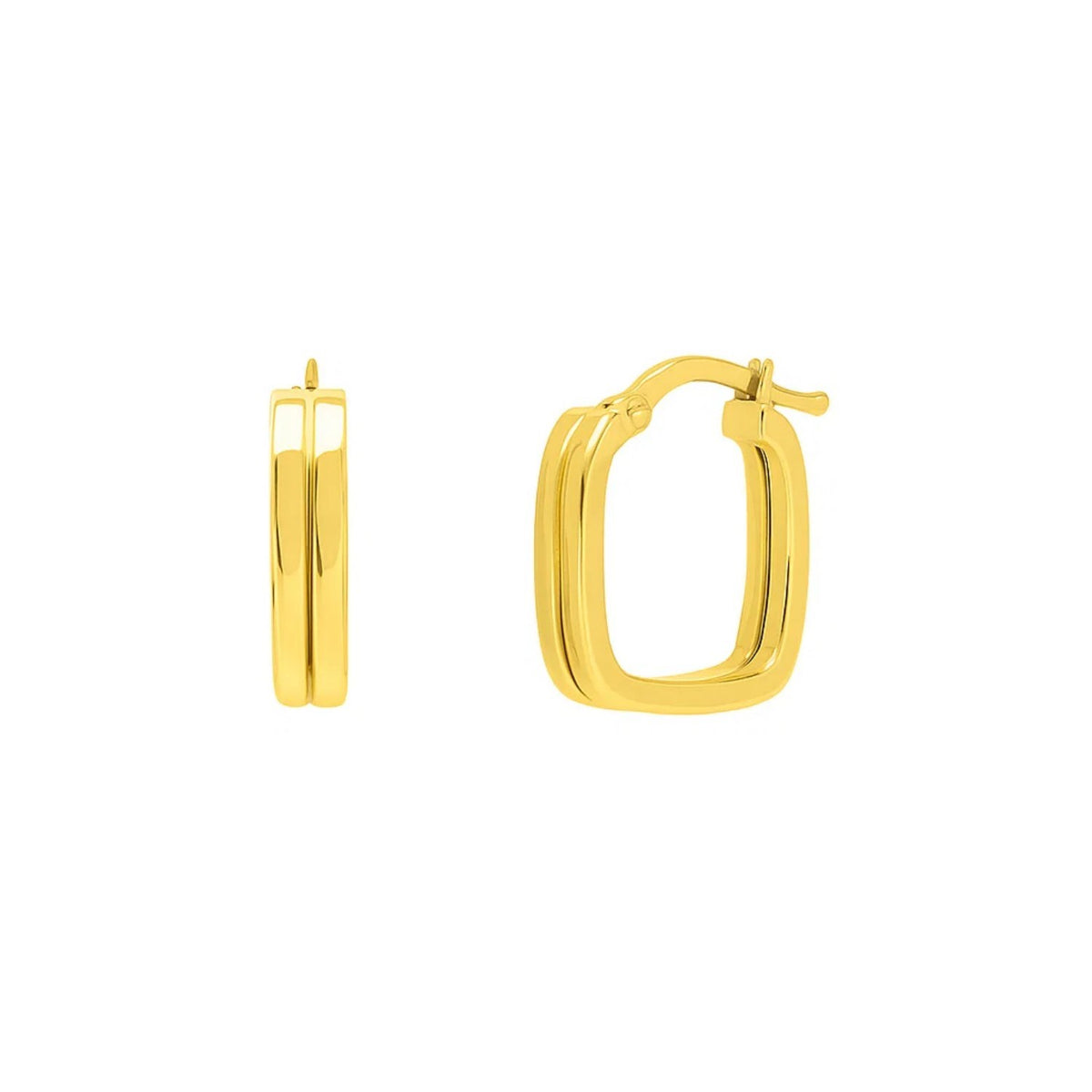 Double square tube hoop earrings in 14K yellow gold, 16 mm hinged snap-back — DEEVE