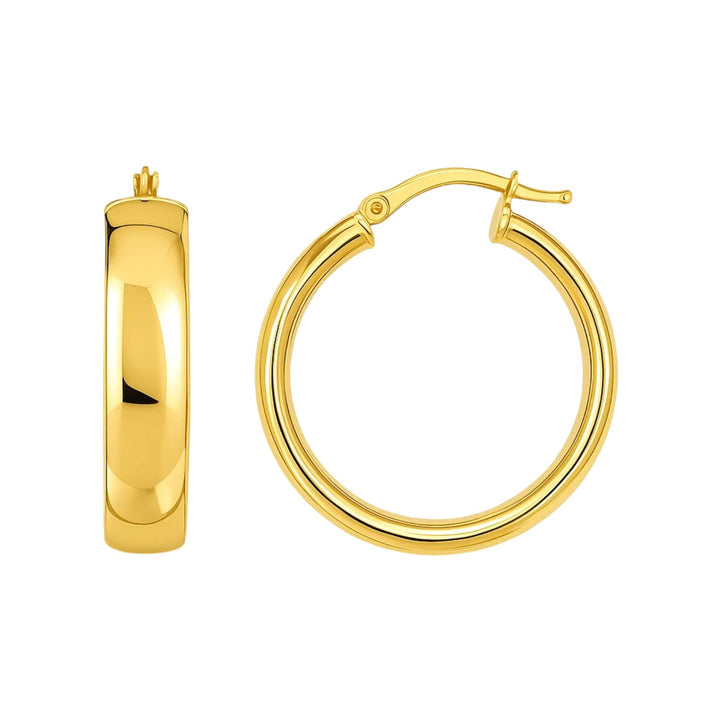 Wedding band hoop earrings in 14K yellow gold, side and front view