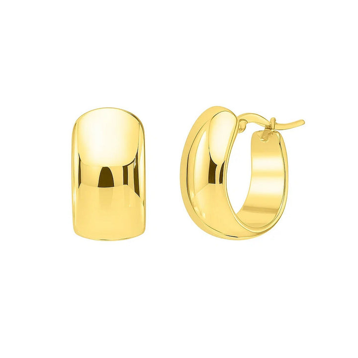 Wide huggie hoop earrings in 14K yellow gold, side and front view