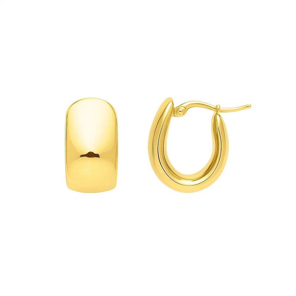 Wide huggie hoop earrings in 14K yellow gold, showing the graduated face