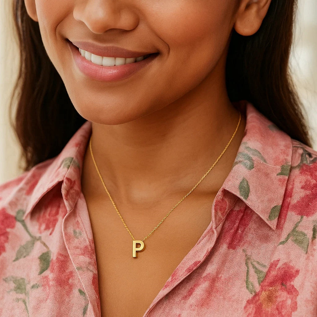 14K Yellow Gold Yours Truly Block Letter Initial P Necklace