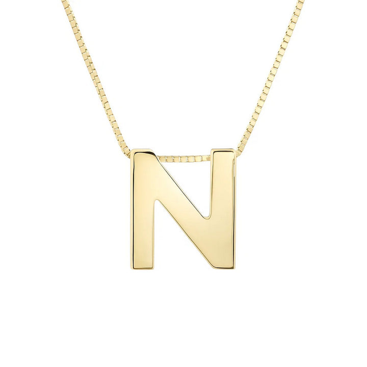 Front view of the polished block letter N in 14K yellow gold on a box chain