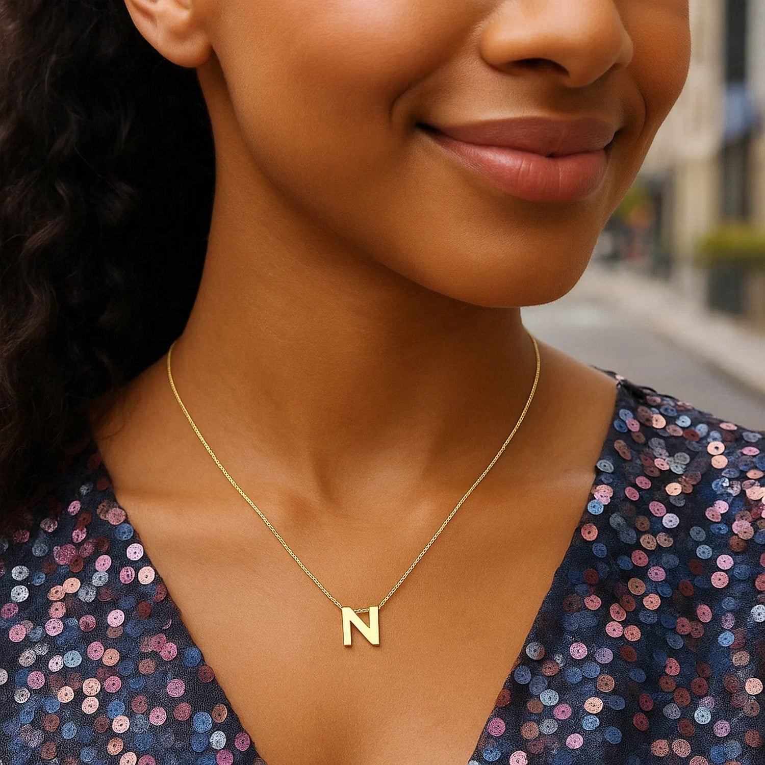 14K Yellow Gold Yours Truly Block Letter Initial N Necklace