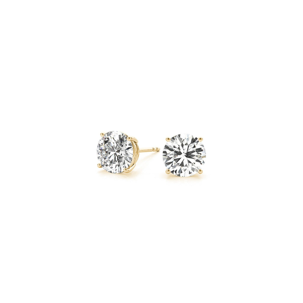 Angled view of 1.50 ct IGI certified round-cut lab-grown diamond stud earrings in 14K yellow gold — DEEVE