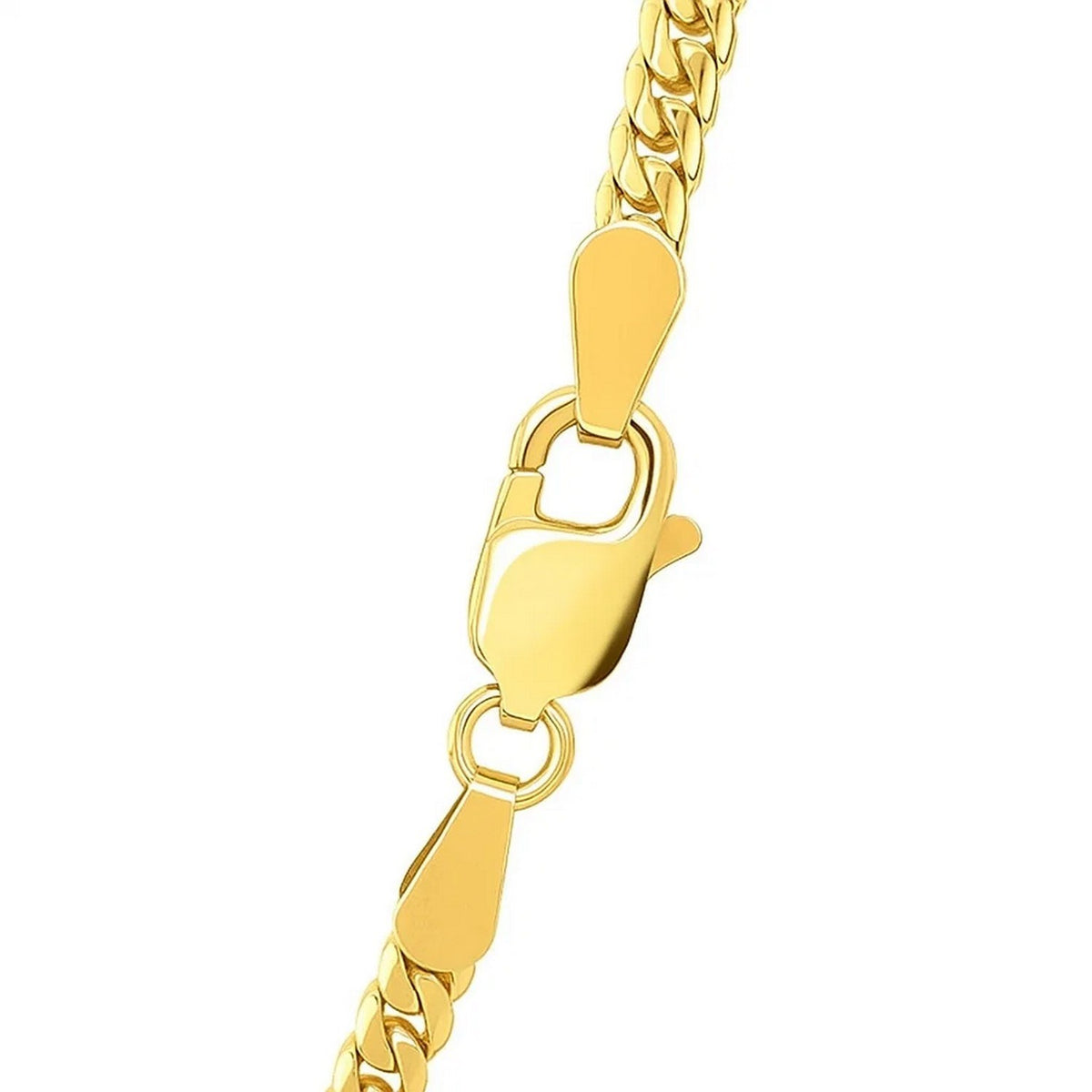 Lobster clasp between two end caps on the 2.60mm solid Miami Cuban chain in 14K yellow gold