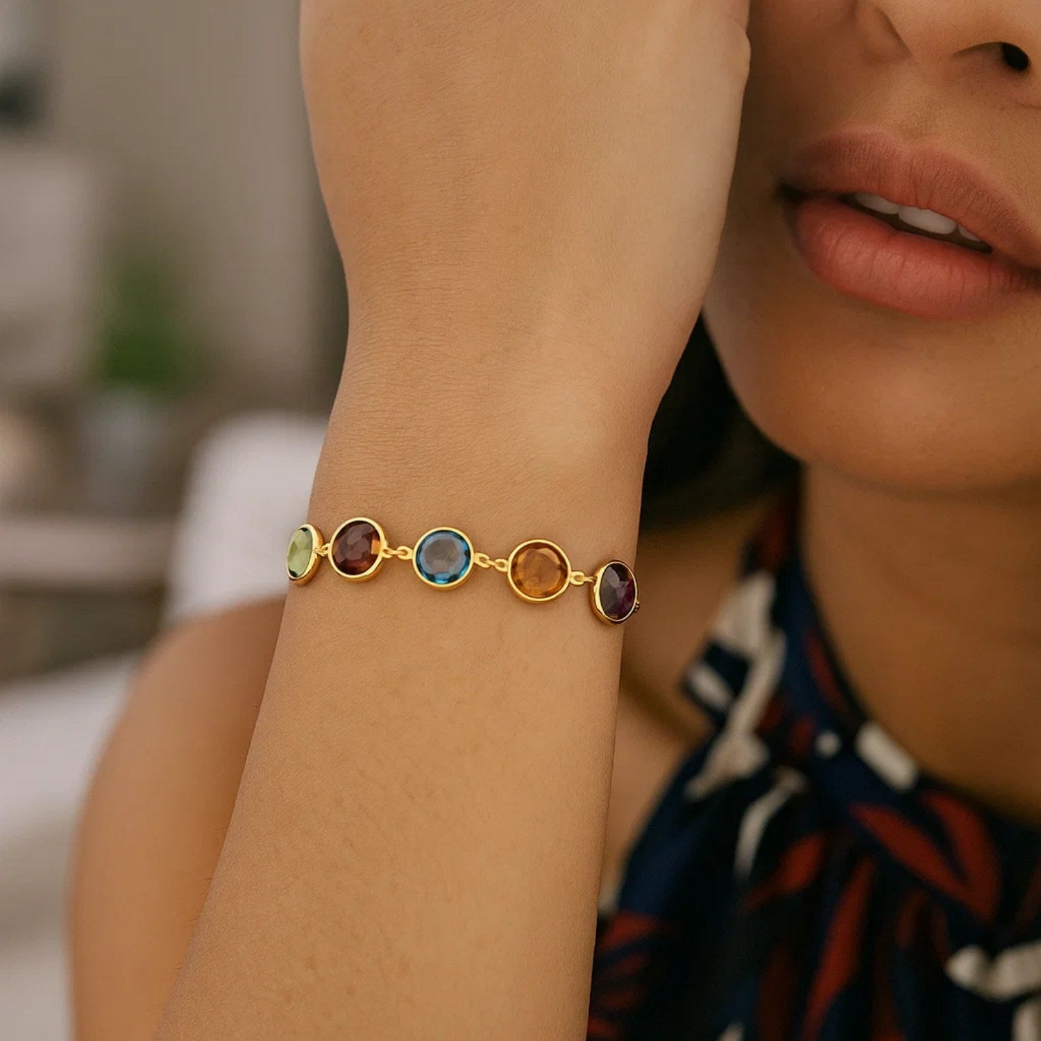 Multi-Gemstone Friendship Lariat Bracelet in 14K Yellow Gold